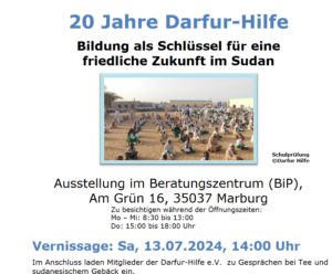 Mehr über den Artikel erfahren Herzliche Einladung zur Vernissage „20 Jahre Darfur-Hilfe“ in Marburg, Sa, den 13.07.24, 14 Uhr