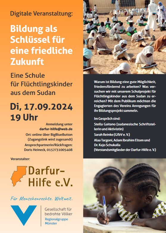 Auf dem Plakat ist die Veranstaltungsankündigung mit einem 2 Bildern: Schülerinnen und Schüler auf einem Schulhof haben Prüfungen und 2 Mädchen lernen Schreiben